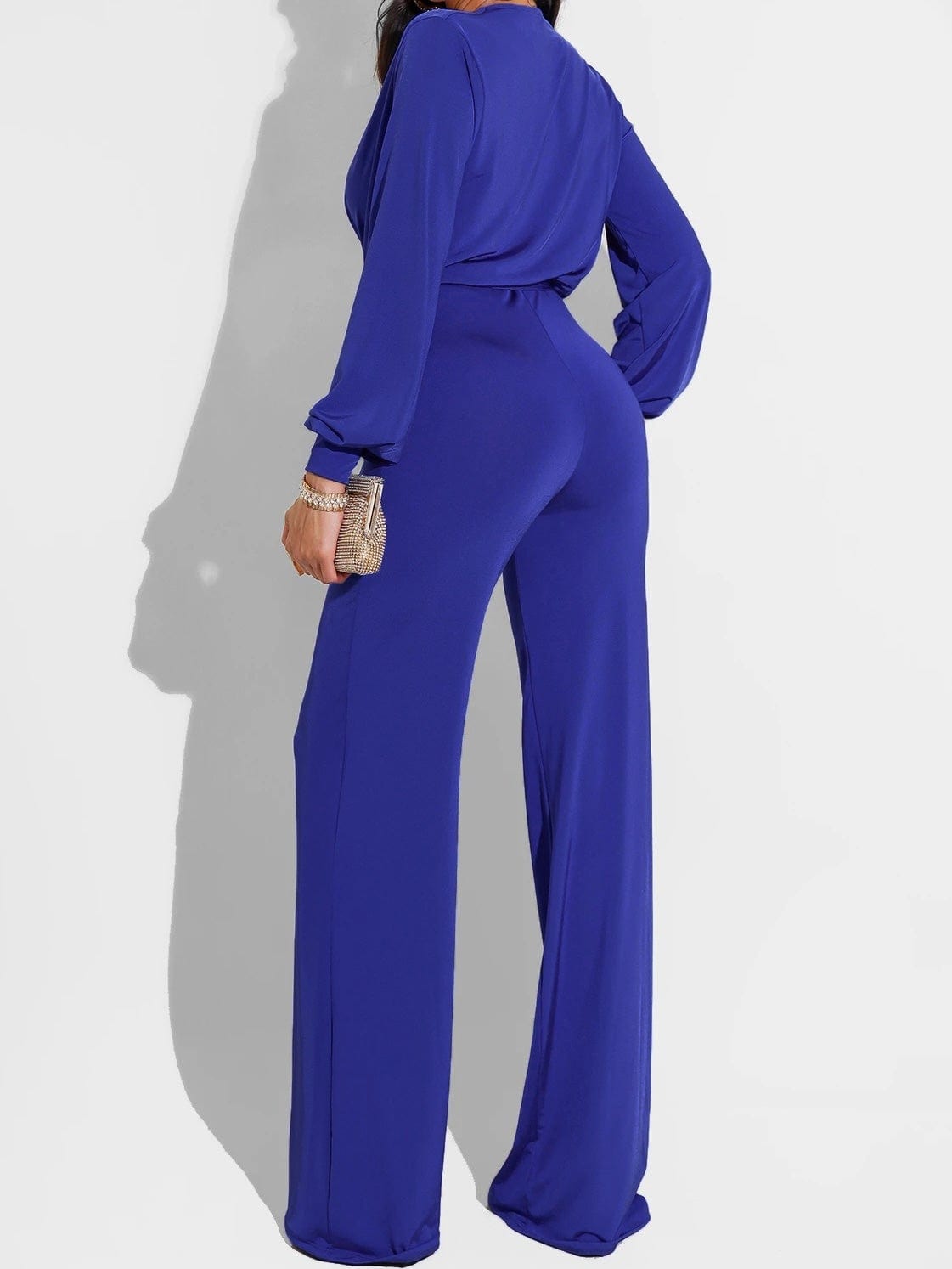 Jumpsuits Solid V-Neck Belted Long Sleeve Jumpsuit for Women