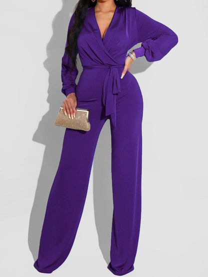 Jumpsuits Solid V-Neck Belted Long Sleeve Jumpsuit for Women JUM2201151400PURS Purple / S