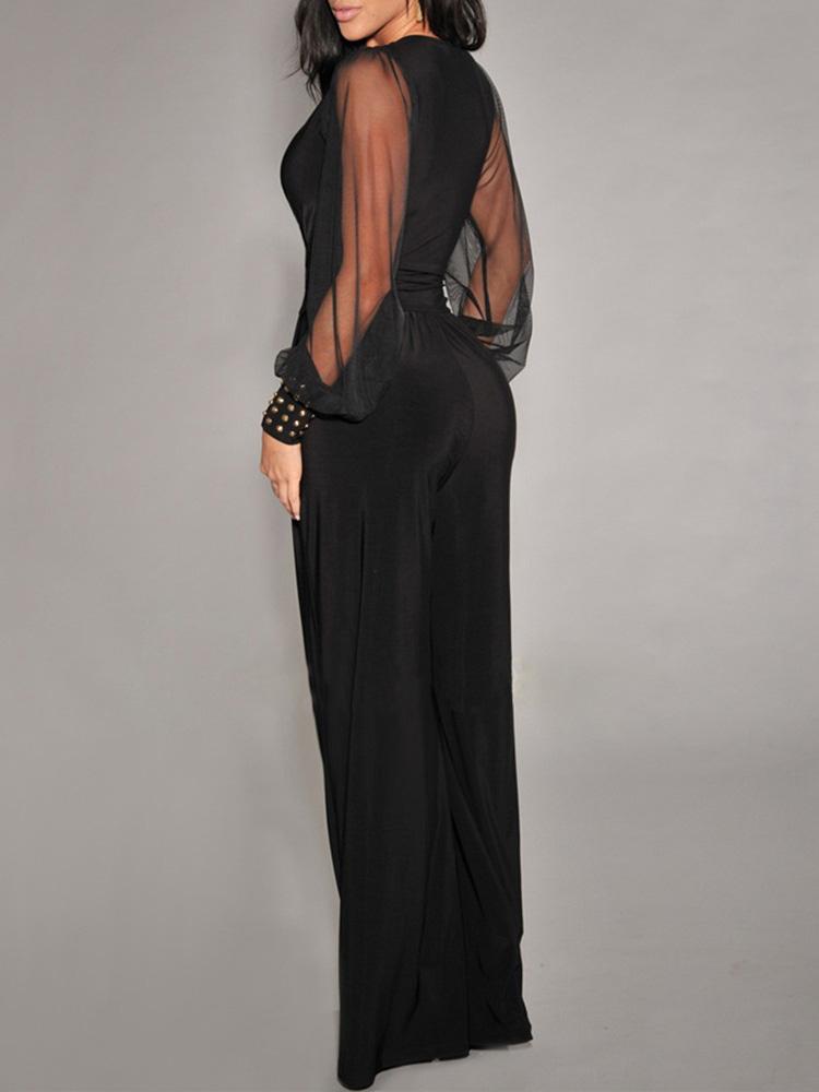 Jumpsuits V-Neck Mesh Stitching Rivet Long Sleeve Jumpsuit for Women