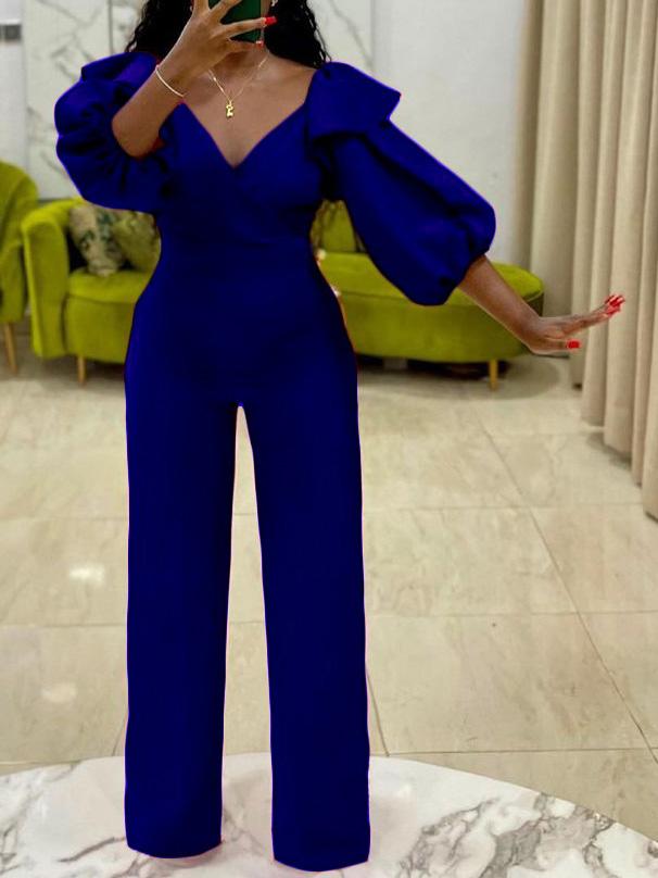 Jumpsuits V-Neck Puff Sleeve Solid Jumpsuit for Women