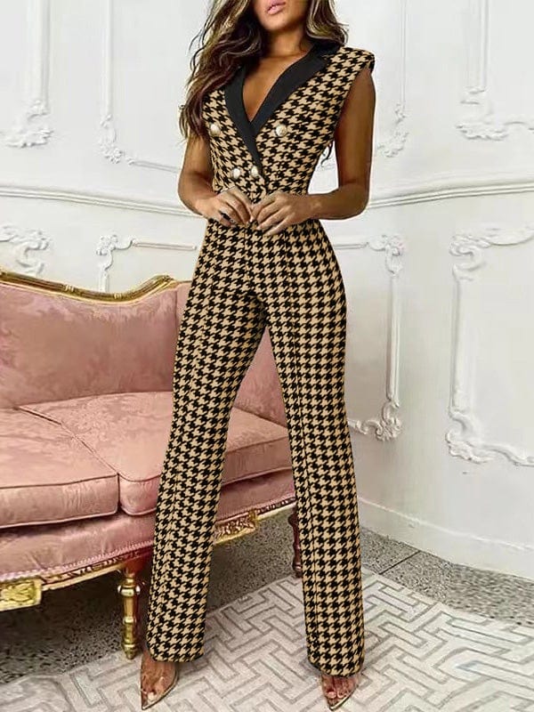 Jumpsuits V-Neck Sleeveless Button Houndstooth Jumpsuit for Women