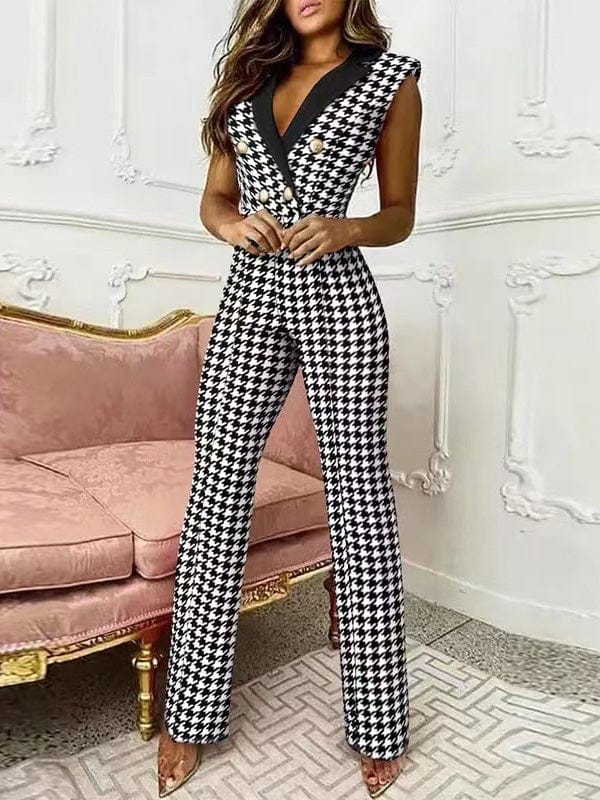 Jumpsuits V-Neck Sleeveless Button Houndstooth Jumpsuit for Women