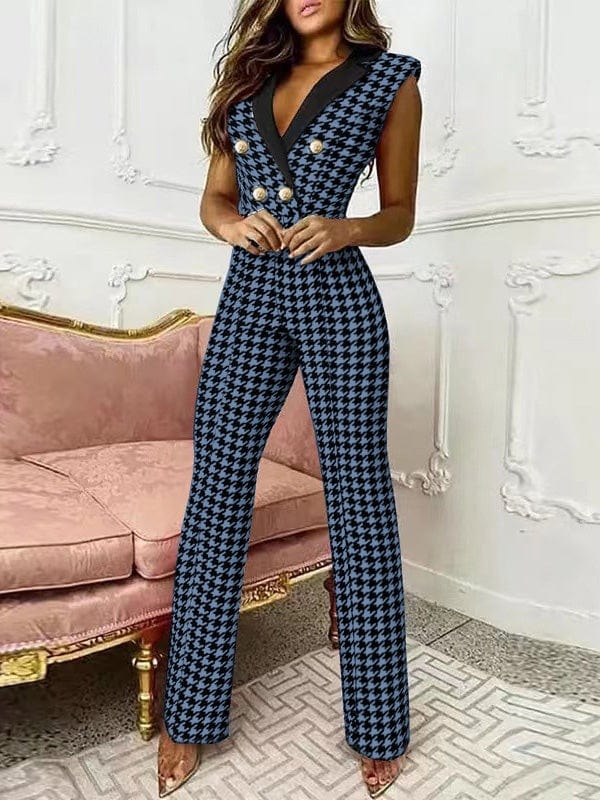 Jumpsuits V-Neck Sleeveless Button Houndstooth Jumpsuit for Women