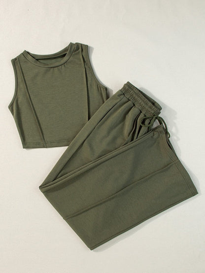 Jungle Green Chic Sleeveless Top and Wide Leg Pants Set