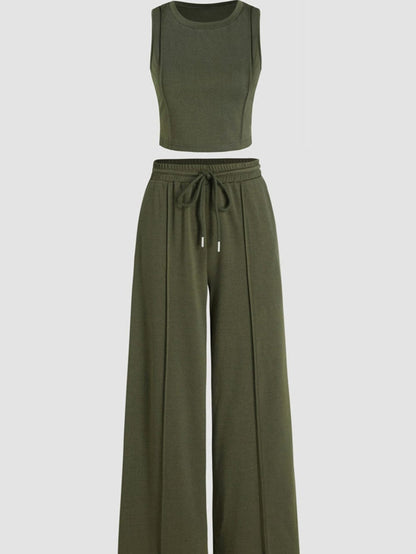 Jungle Green Chic Sleeveless Top and Wide Leg Pants Set