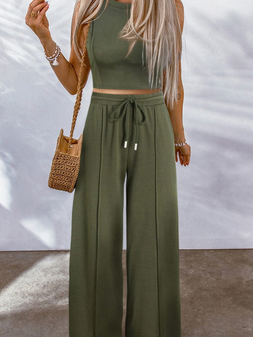 Jungle Green Chic Sleeveless Top and Wide Leg Pants Set