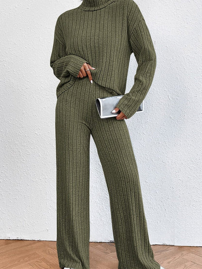 Jungle Green Ribbed Knit Cozy High Neck Two-Piece Pant Set