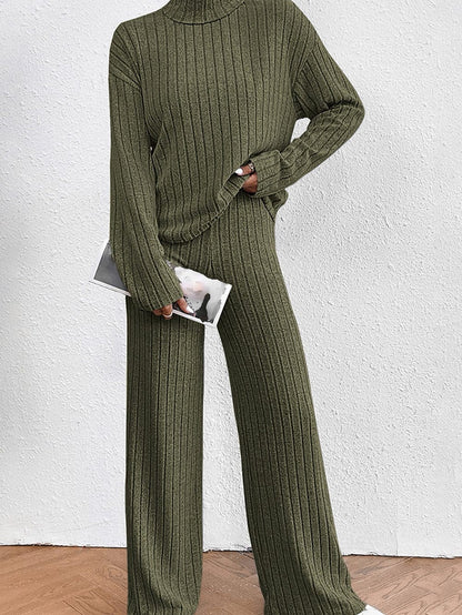 Jungle Green Ribbed Knit Cozy High Neck Two-Piece Pant Set