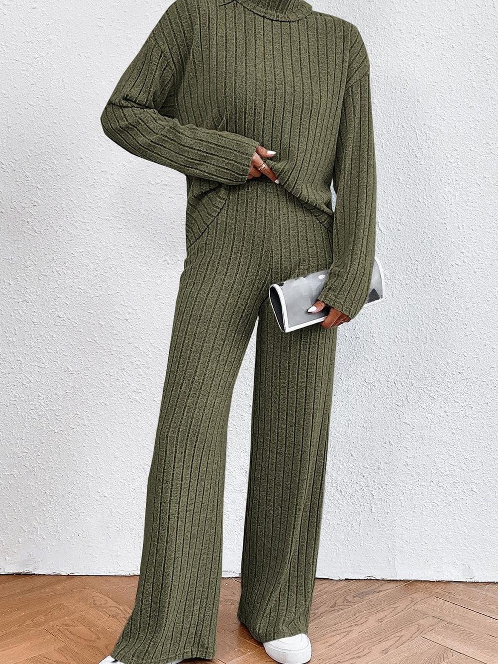 Jungle Green Ribbed Knit Cozy High Neck Two-Piece Pant Set