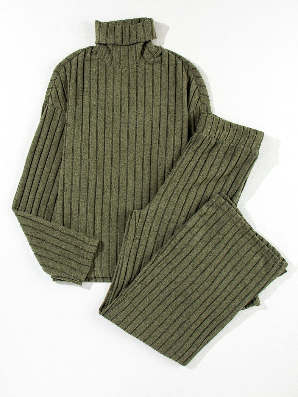 Jungle Green Ribbed Knit Cozy High Neck Two-Piece Pant Set