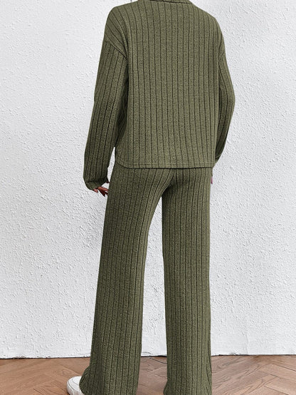 Jungle Green Ribbed Knit Cozy High Neck Two-Piece Pant Set