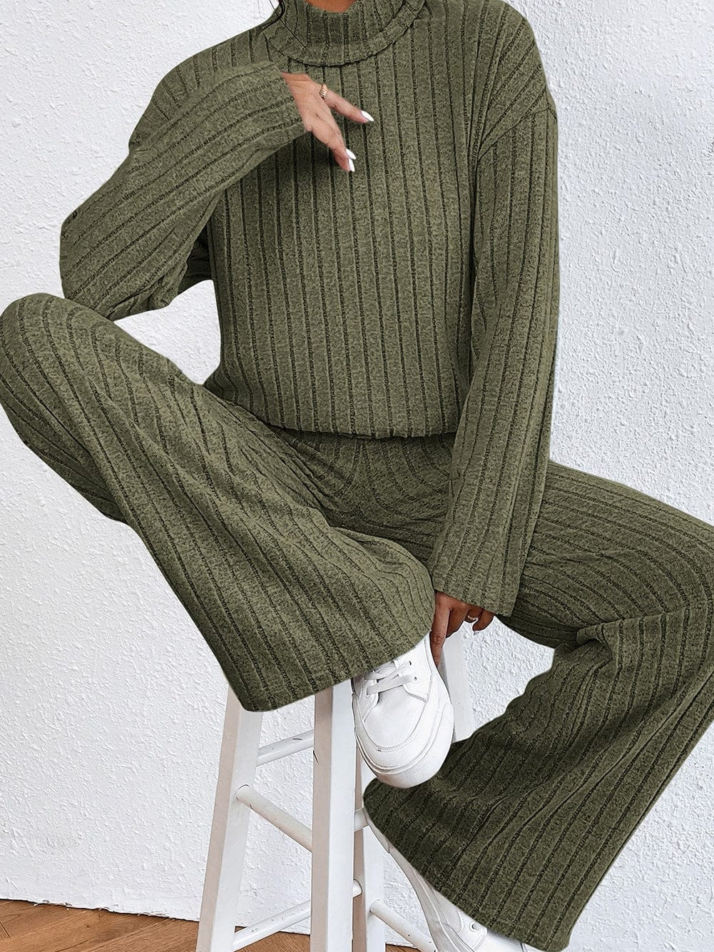 Jungle Green Ribbed Knit Cozy High Neck Two-Piece Pant Set