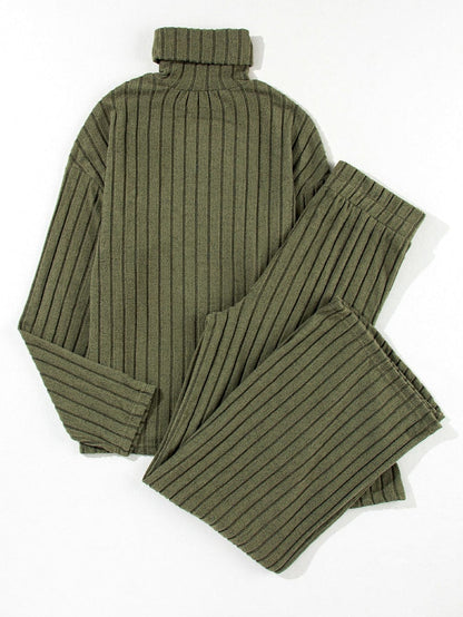 Jungle Green Ribbed Knit Cozy High Neck Two-Piece Pant Set