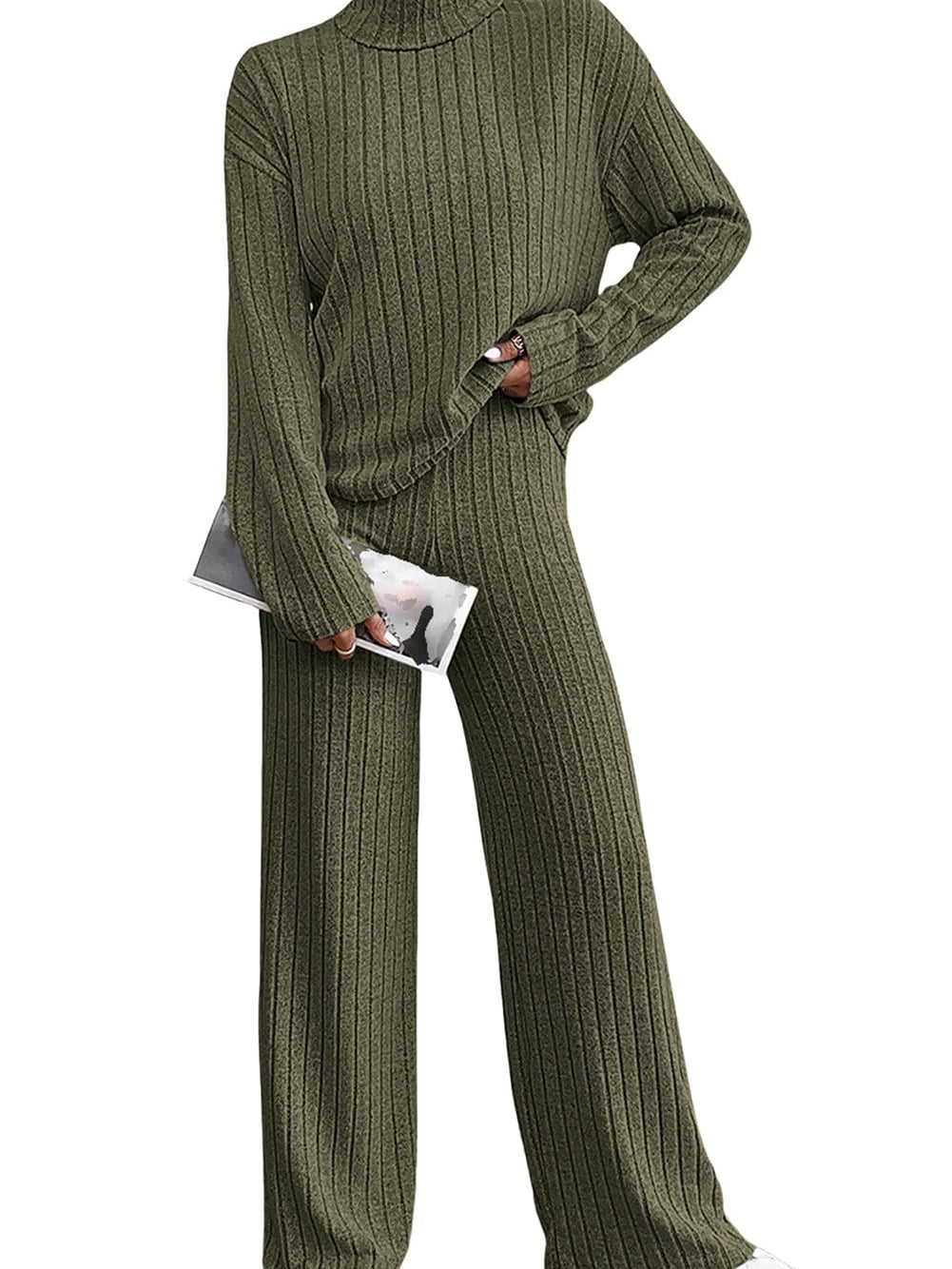 Jungle Green Ribbed Knit Cozy High Neck Two-Piece Pant Set