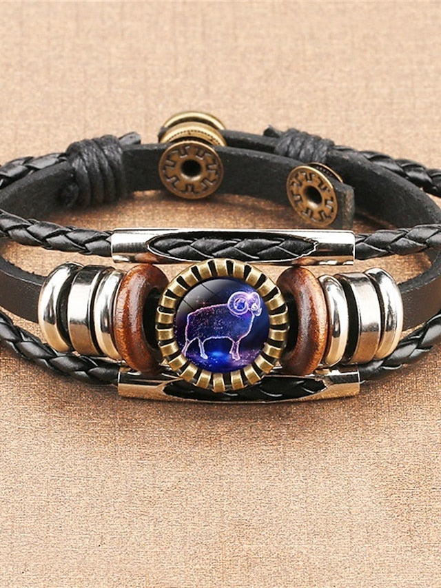 12 zodiac constellation bracelet, leather hand-woven galaxy astrology luminous adjustable snap buckle wristband-retro fashion (best friend's constellation gift) - LuckyFash™