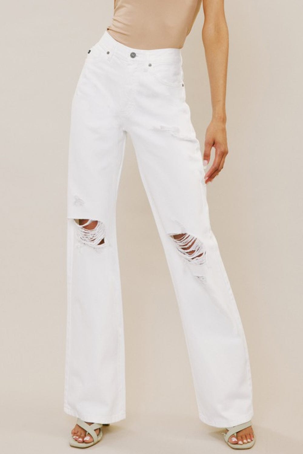 Kancan High-Rise Distressed Flare Jeans in White (Button-Fly) 1.00E+14 White / 24-Jan