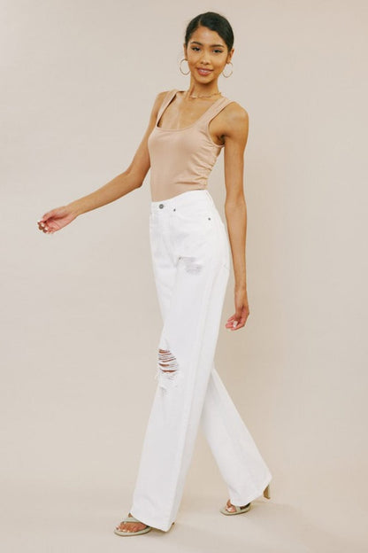 Kancan High-Rise Distressed Flare Jeans in White (Button-Fly)