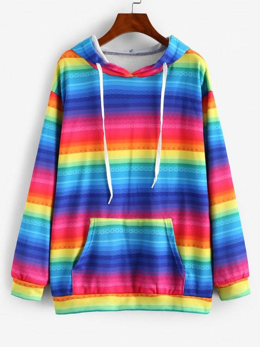 Kangaroo Pocket Drawstring Rainbow Stripes Hoodie HOO210308046MULS Multi-b / S