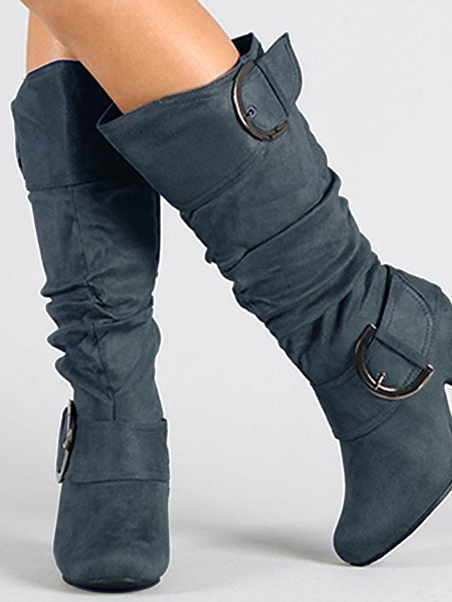 Women's Boots Suede Shoes Slouchy Boots Heel Boots Outdoor Office Daily Mid Calf Boots Winter Buckle Kitten Heel Round