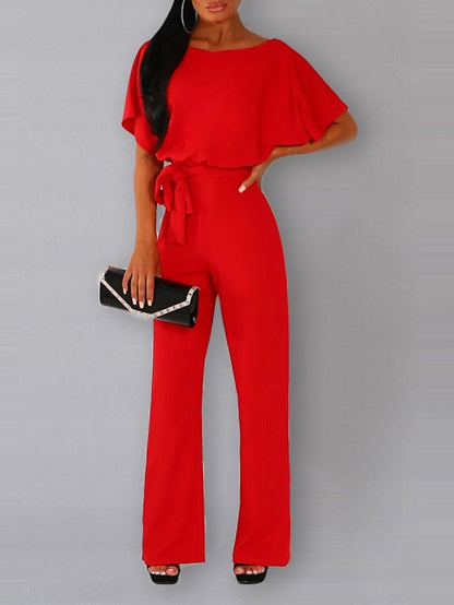 Women's Belted Jumpsuit Long Wide Leg Pant Party Romper Jumpsuits Casual Loose Short Sleeve Playsuits With Belts