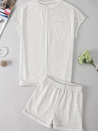 Khaki Colorblock Casual Tee and Shorts Set