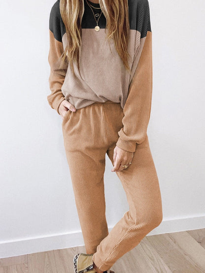 Khaki Colorblock Pullover and Jogger Pants Set