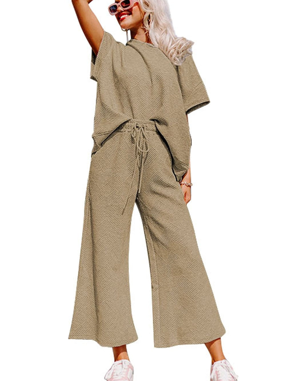 Khaki Ribbed Casual Lounge Set with Loose Fit Top and Drawstring Pants