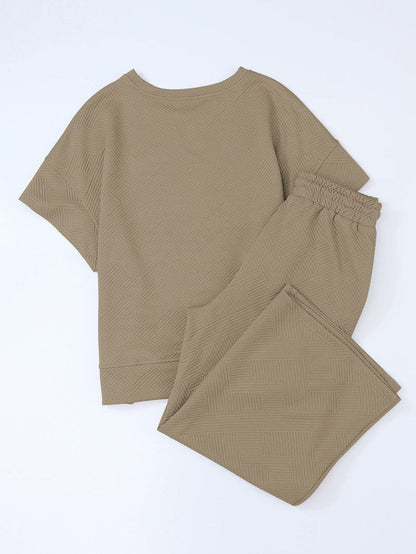 Khaki Ribbed Casual Lounge Set with Loose Fit Top and Drawstring Pants