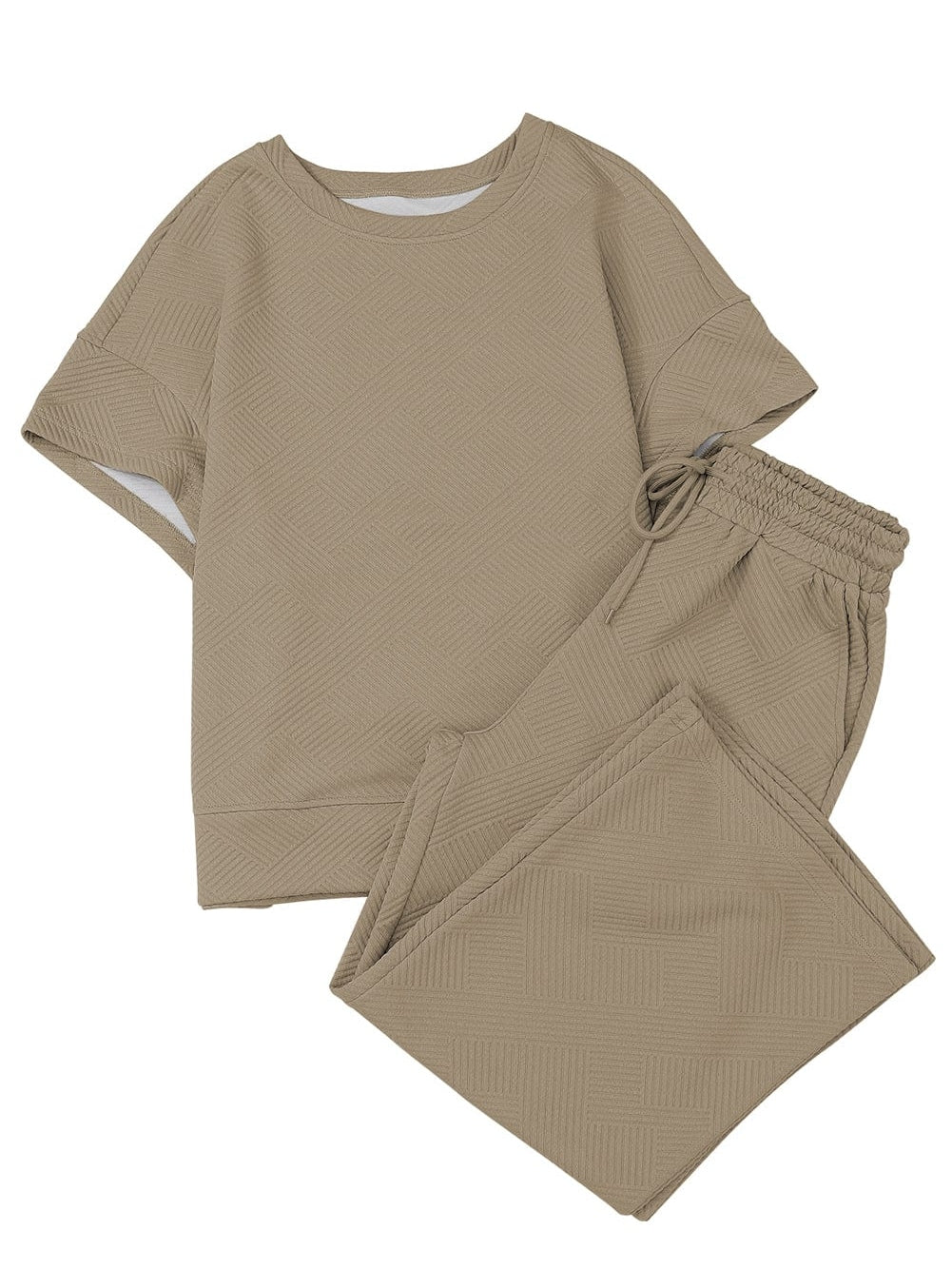 Khaki Ribbed Casual Lounge Set with Loose Fit Top and Drawstring Pants