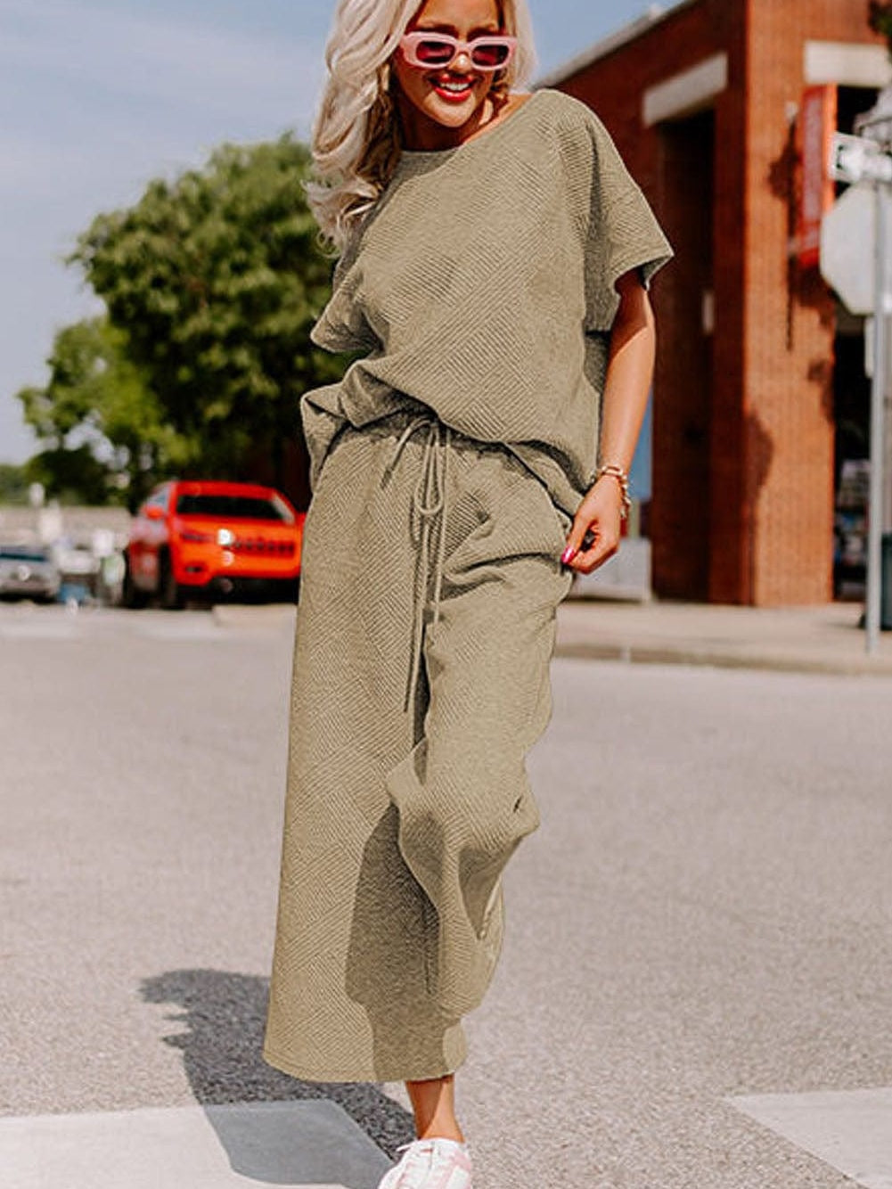 Khaki Ribbed Casual Lounge Set with Loose Fit Top and Drawstring Pants