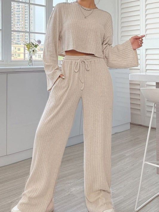 Khaki Ribbed Knit Bell Sleeve Matching Pants Lounge Set