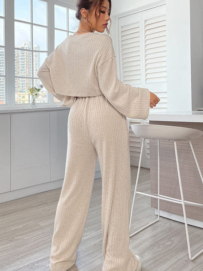 Khaki Ribbed Knit Bell Sleeve Matching Pants Lounge Set