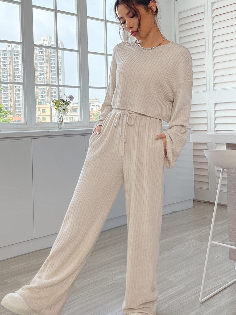 Khaki Ribbed Knit Bell Sleeve Matching Pants Lounge Set