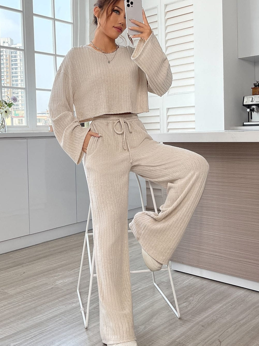 Khaki Ribbed Knit Bell Sleeve Matching Pants Lounge Set