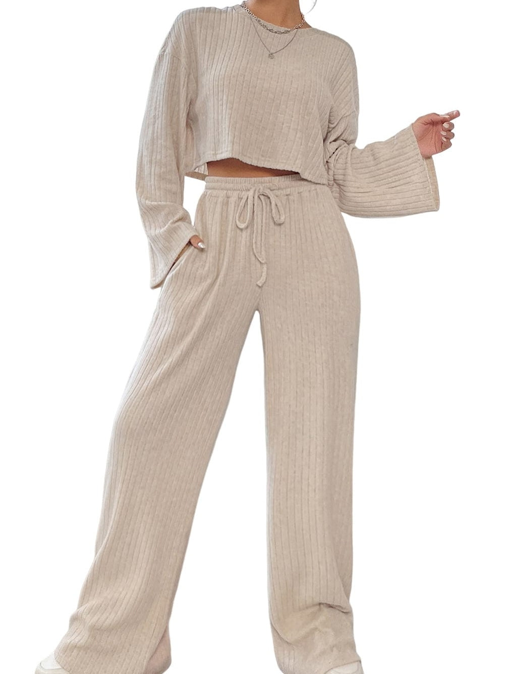 Khaki Ribbed Knit Bell Sleeve Matching Pants Lounge Set