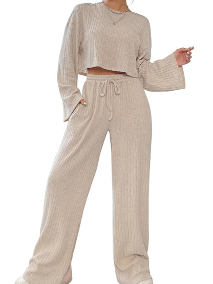 Khaki Ribbed Knit Bell Sleeve Matching Pants Lounge Set