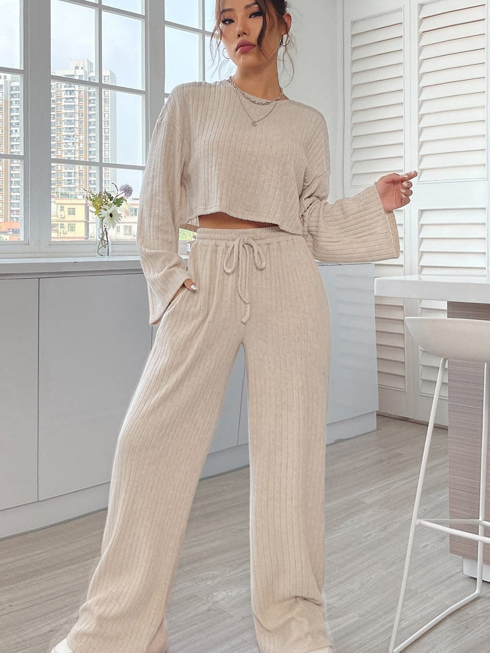 Khaki Ribbed Knit Bell Sleeve Matching Pants Lounge Set