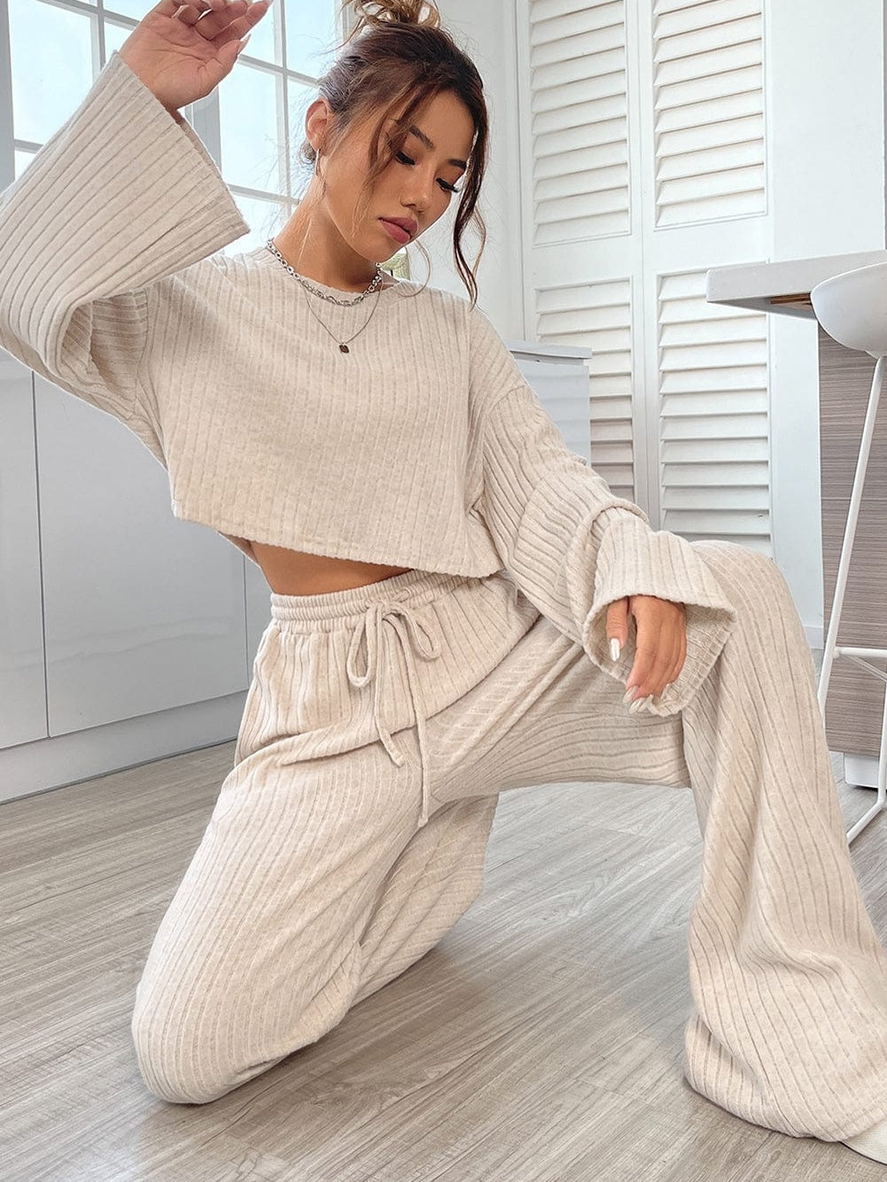 Khaki Ribbed Knit Bell Sleeve Matching Pants Lounge Set