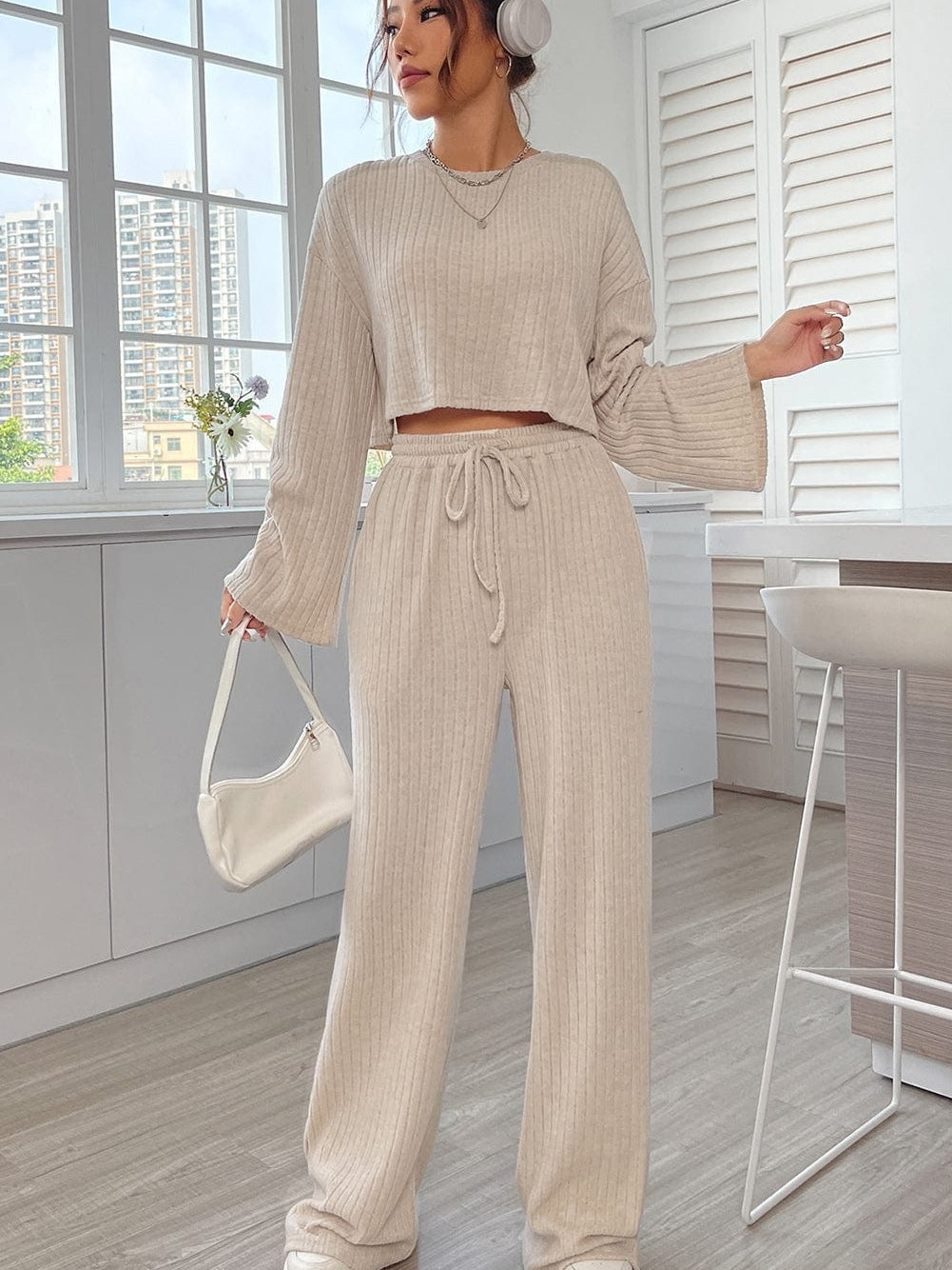 Khaki Ribbed Knit Bell Sleeve Matching Pants Lounge Set