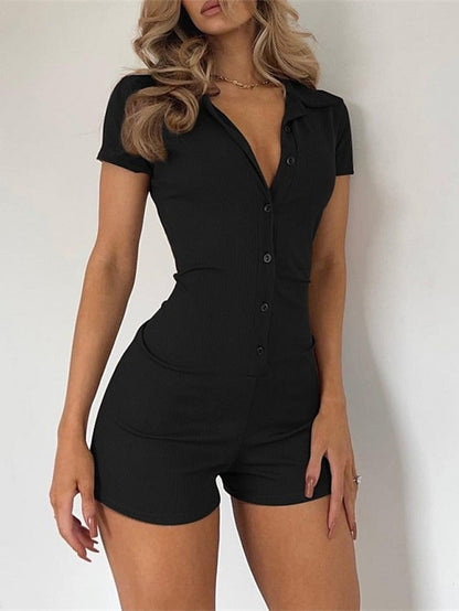 Women's Romper Button Solid Color Shirt Collar Active Street Sport Regular Fit Short Sleeve Brown Black S M L Spring - LuckyFash™