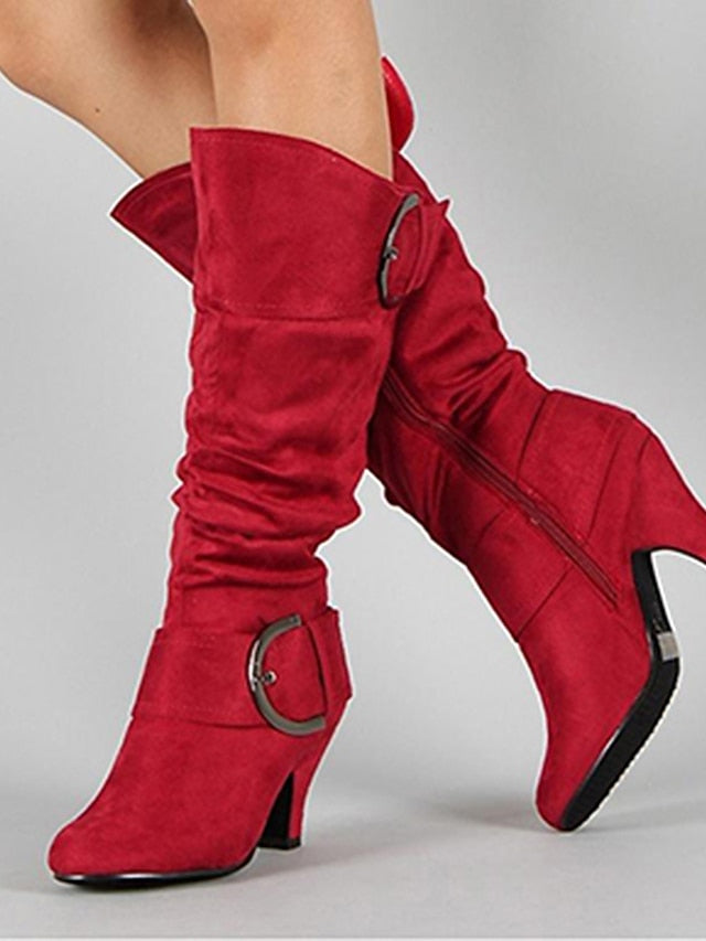 Women's Boots Suede Shoes Slouchy Boots Heel Boots Outdoor Office Daily Mid Calf Boots Winter Buckle Kitten Heel Round Toe Vintage Elegant Walking Shoes Suede Zipper Solid Colored Black Red Purple - LuckyFash™