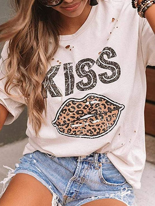 Kiss Leopard Print Round Neck Short Sleeve T-shirt TSH2107071365WHIS White / S