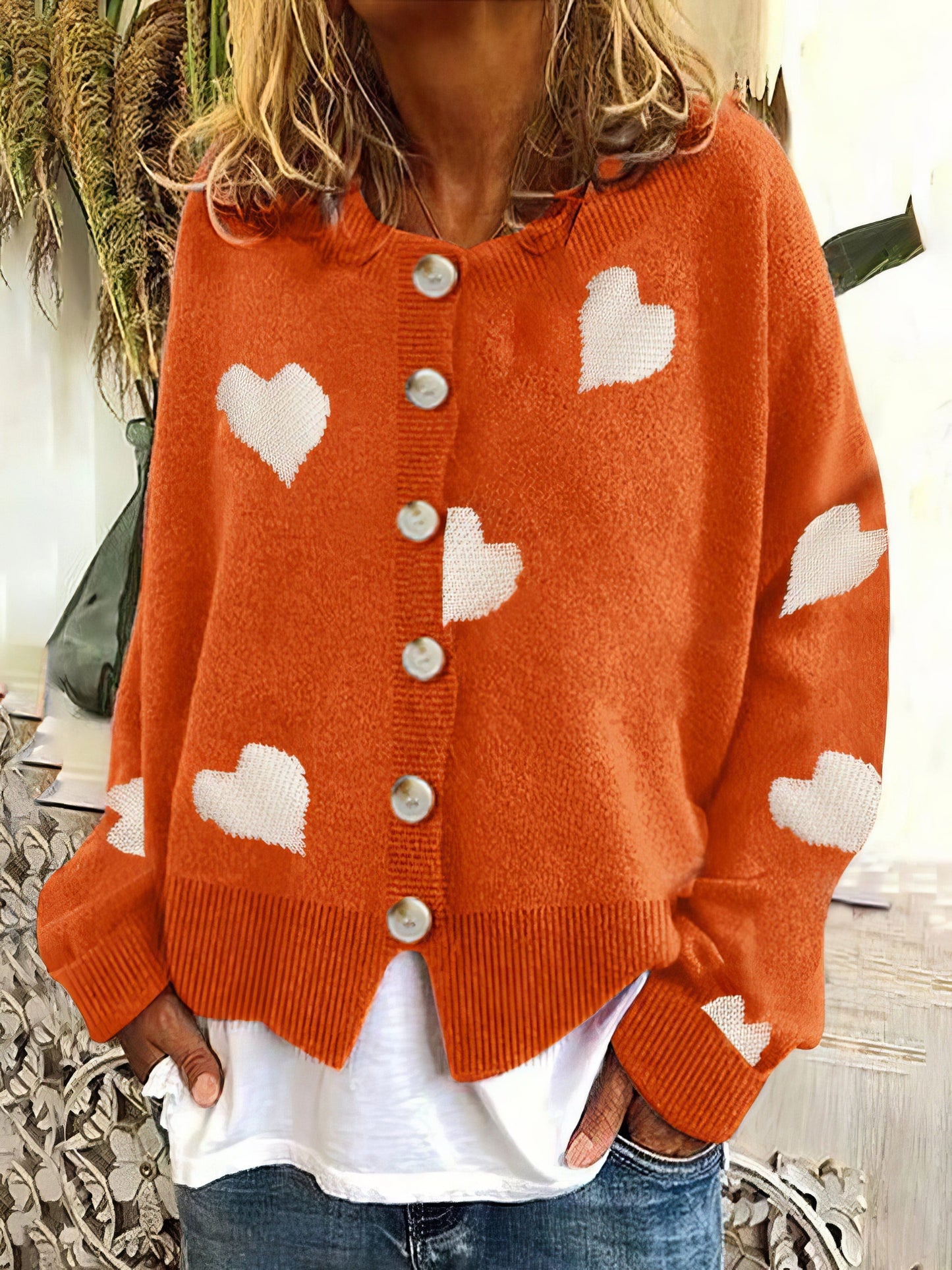 Knit Single-Breasted Heart Cardigan Sweater -Bishop cc1SWE2109181183ORAS Orange / 2 (S)