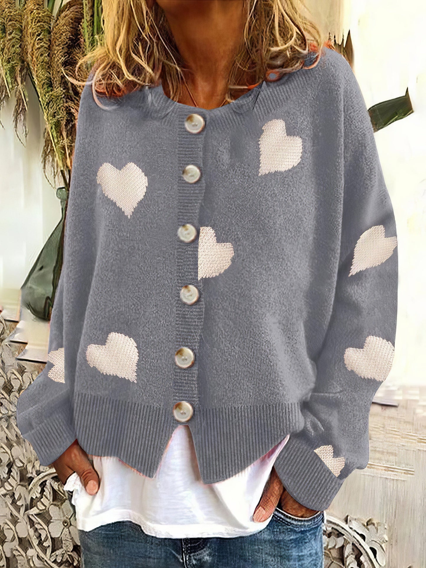 Knit Single-Breasted Heart Cardigan Sweater -Bishop cc1SWE2109181183GRES Gray / 2 (S)