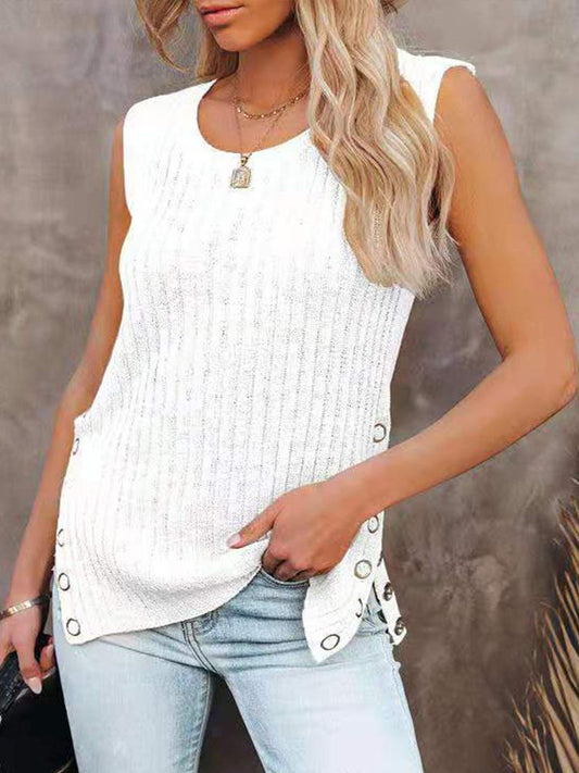 Knit Solid Sleeveless Round Neck Vest TAN2107091258WHIS White / S