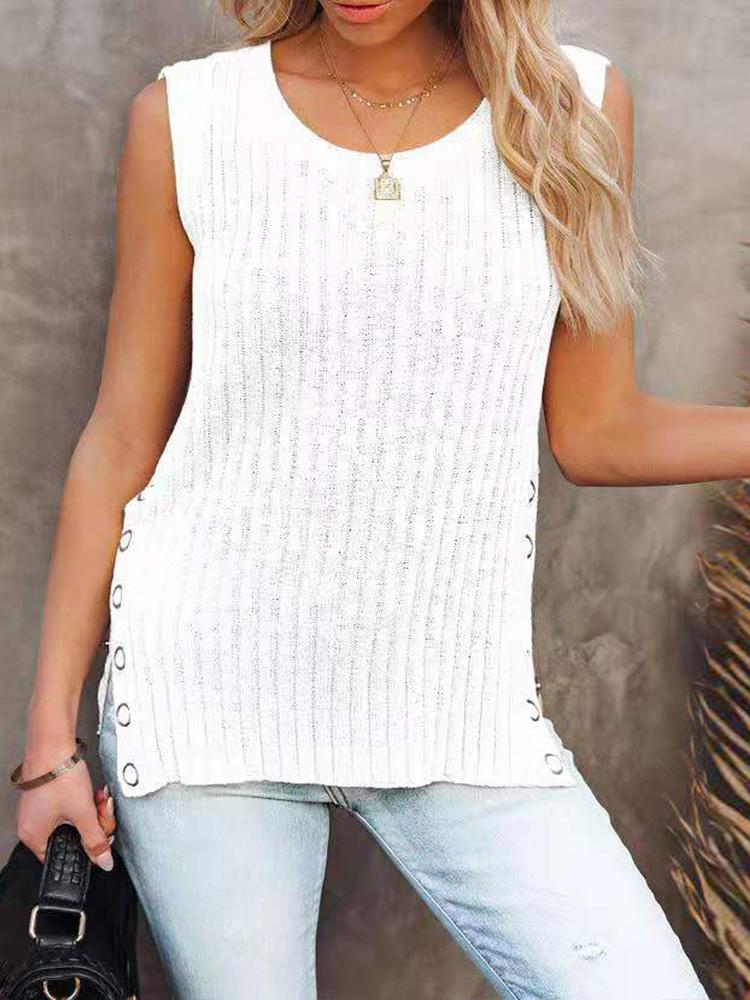 Knit Solid Sleeveless Round Neck Vest