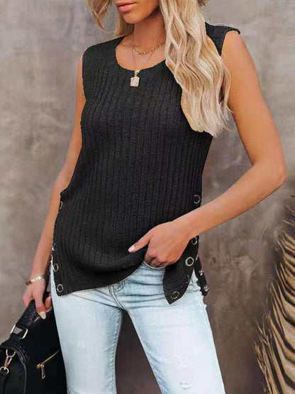 Knit Solid Sleeveless Round Neck Vest TAN2107091258BLAS Black / S