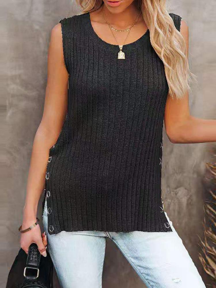 Knit Solid Sleeveless Round Neck Vest