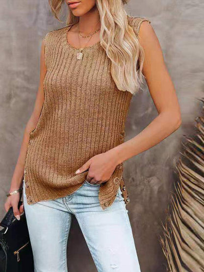 Knit Solid Sleeveless Round Neck Vest TAN2107091258KHAS Khaki / S