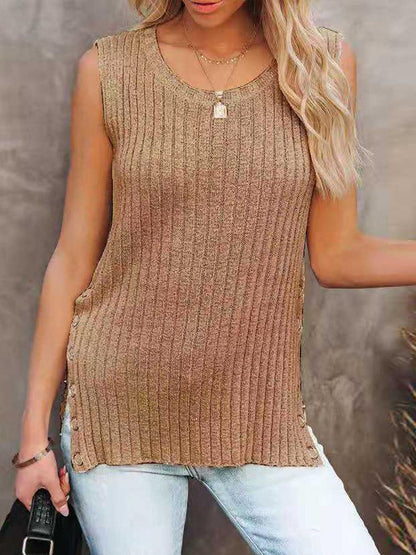 Knit Solid Sleeveless Round Neck Vest